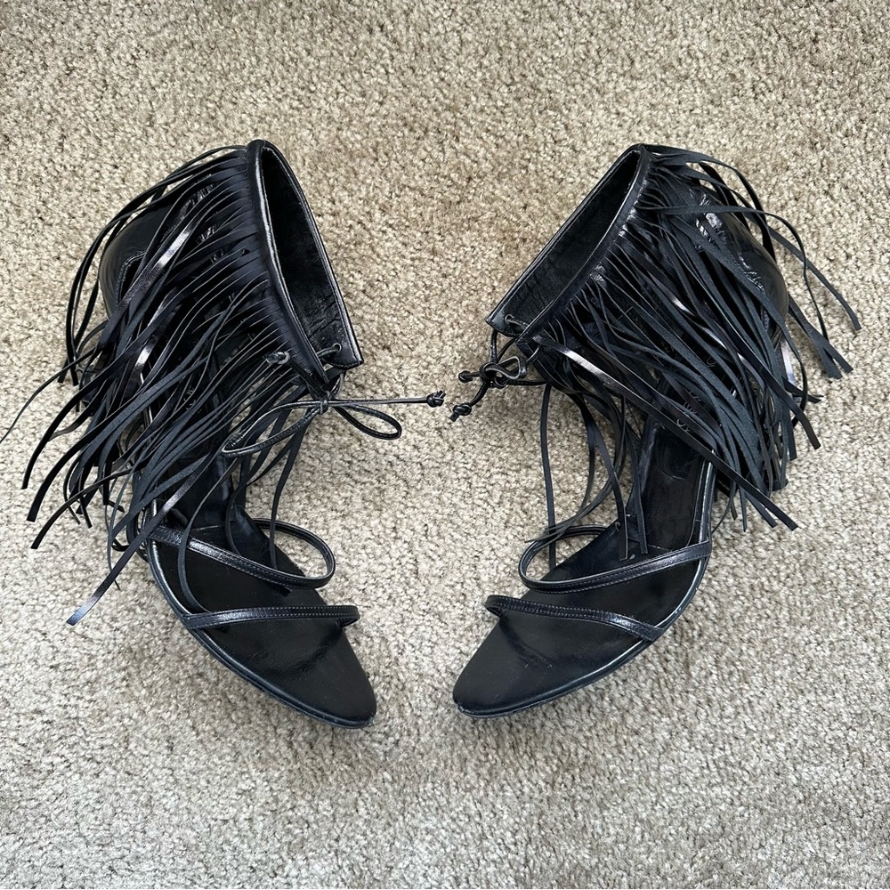 Vintage 90s Y2K Coup D'etat Black Leather Fringe Sandals Heels Size 10